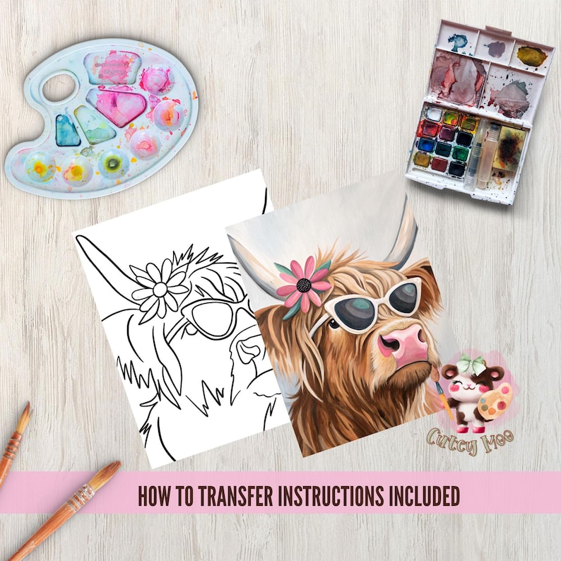 May include: A black and white line drawing of a Highland cow wearing sunglasses and a flower crown, next to a colored illustration of the same cow with brown fur, sunglasses, and a pink flower crown. The text "Cwtcy Moo" is below the colored illustration. The text "HOW TO TRANSFER INSTRUCTIONS INCLUDED" is at the bottom of the image.