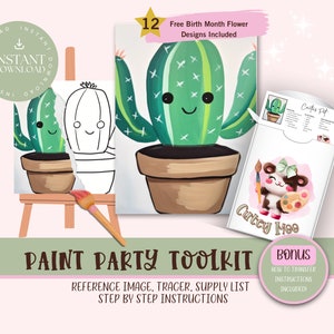 Cactus Pot DIY Paint Party para adultos y niños /Pre-Dibujado / Art Party Paint Kit / Sip & Paint / Archivo de descarga digital, Paint Party Toolkit