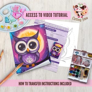 May include: A purple owl painting kit with a full moon and stars in the background. The kit includes a paint by numbers canvas, paint brushes, and a set of acrylic paints. The kit also includes instructions for transferring the image to the canvas and a video tutorial.