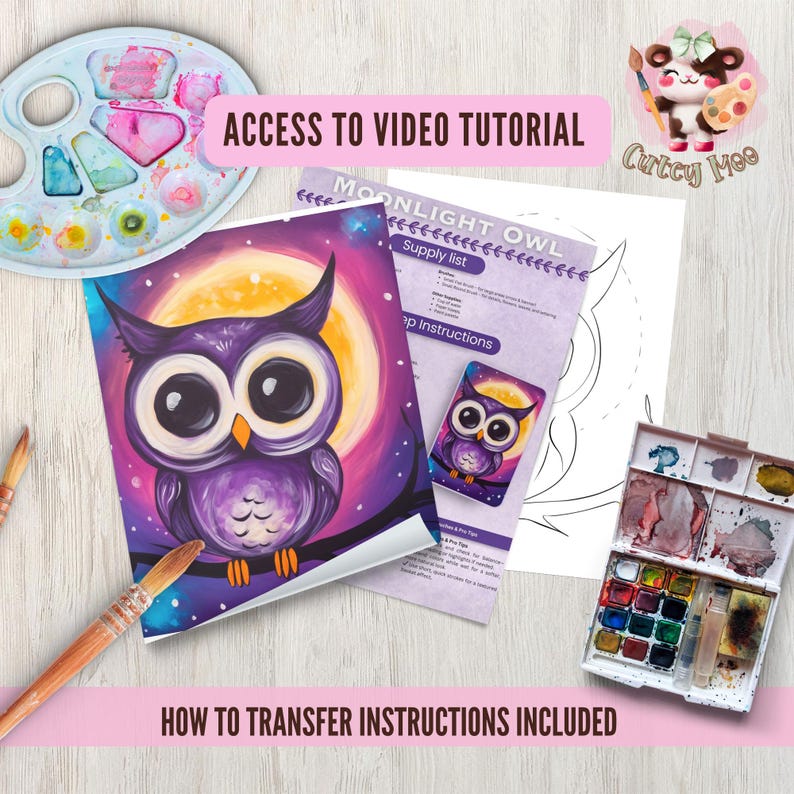 May include: A purple owl painting kit with a full moon and stars in the background. The kit includes a paint by numbers canvas, paint brushes, and a set of acrylic paints. The kit also includes instructions for transferring the image to the canvas and a video tutorial.