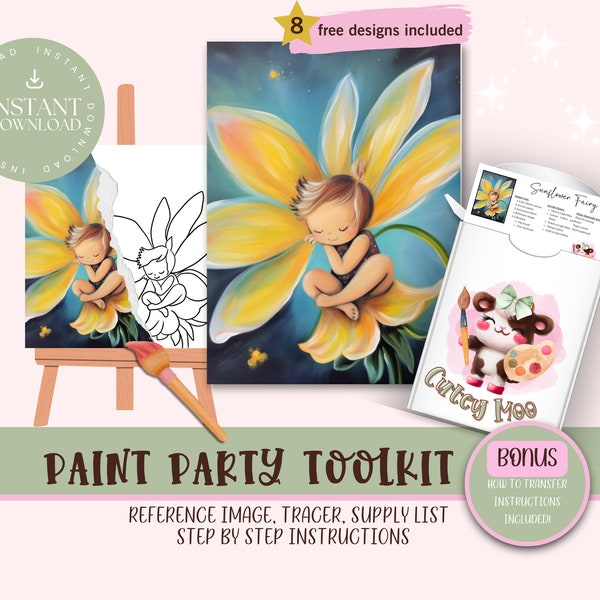 Fairy  Flower Diy Paint Party Printable Toolkit For Girls Birthday, Sip and Paint Party Kits, Canvas Outline, Girl Png Painting Tracer