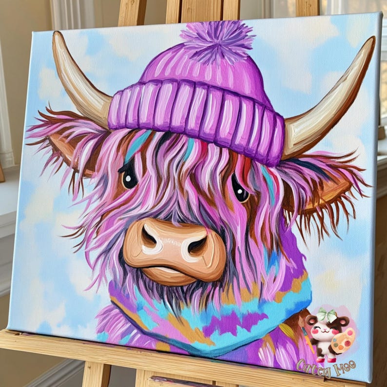 May include: A painting of a Highland cow with purple and pink fur wearing a purple knit hat with a white pom pom and a blue and purple scarf. The cow is looking at the viewer with a serious expression. The background is a light blue sky with white clouds.
