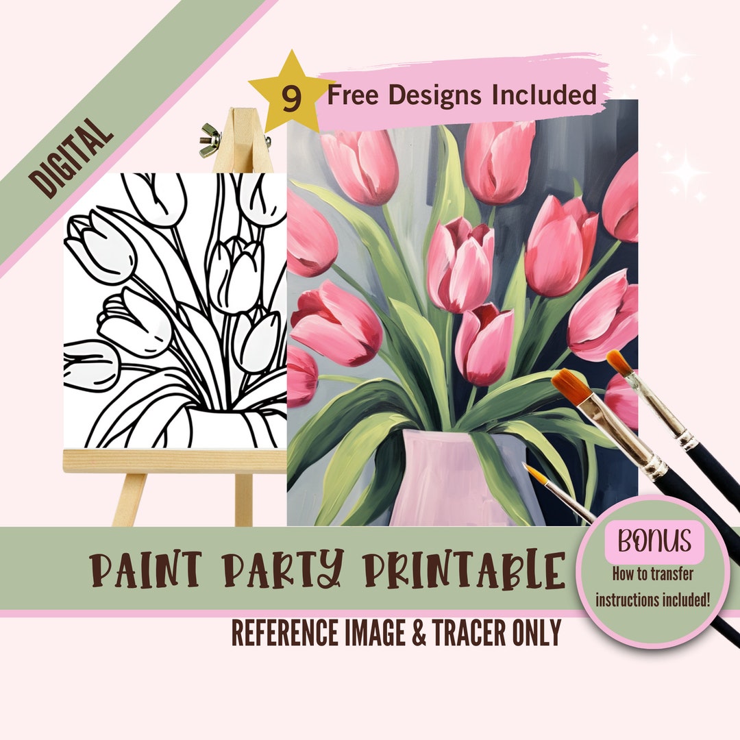 Paint and Sip Canvas Kit, Tulip Flower Paint Party Printable, Pre Drawn ...