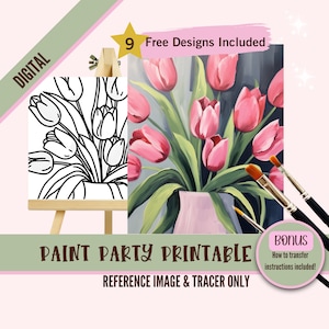 Farbe und Sip Canvas Kit, Tulip Flower Paint Party druckbare, vorgezeichnete Leinwand, DIY Paint Kit für Erwachsene, Fun Art für Anfänger, Digital