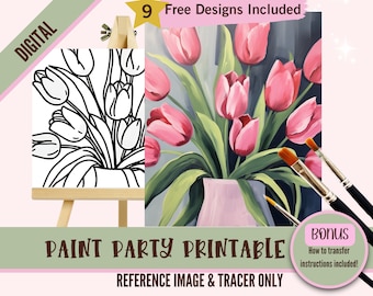 Paint and Sip Canvas Kit, Tulip Flower Paint Party Printable, Pre Drawn Canvas, DIY Paint Kit for Adults, Fun Art for Beginners, Digital