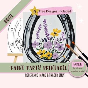 Modelo de festa de pintura floral em ferradura, kit de pintura de flores silvestres faça você mesmo, arte digital com traçador para iniciantes, design rústico de pintura e gole floral
