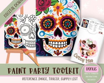May include: A digital download paint party toolkit featuring a sugar skull design. The kit includes a reference image, a tracer, a supply list, and step-by-step instructions. The image shows a colorful sugar skull with floral details on a black background.