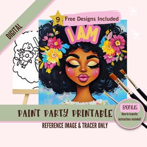 Kit de fiesta de pintura y sorbos con afirmación "I AM", plantilla prediseñada para fiestas de arte DIY, plantilla imprimible, contorno en formato PNG para noche de pintura
