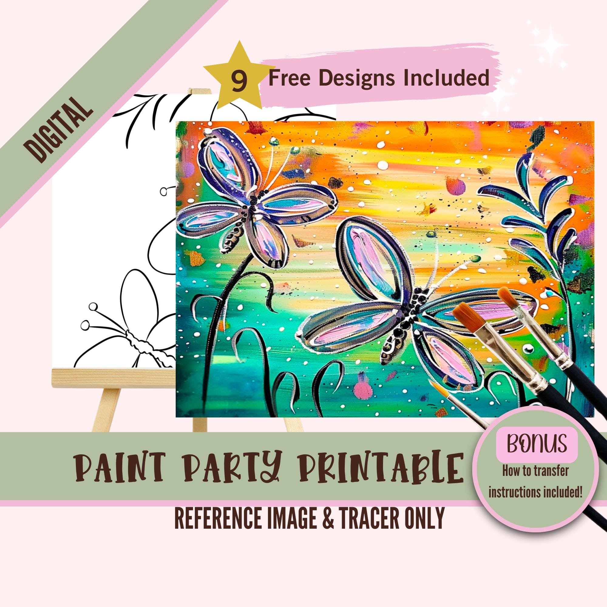 Butterfly Sip and Paint Downloadable Stencil Art, SummerDIY Acrylic Painting Party Image Transfers, Paint Night Canvas Digital Download