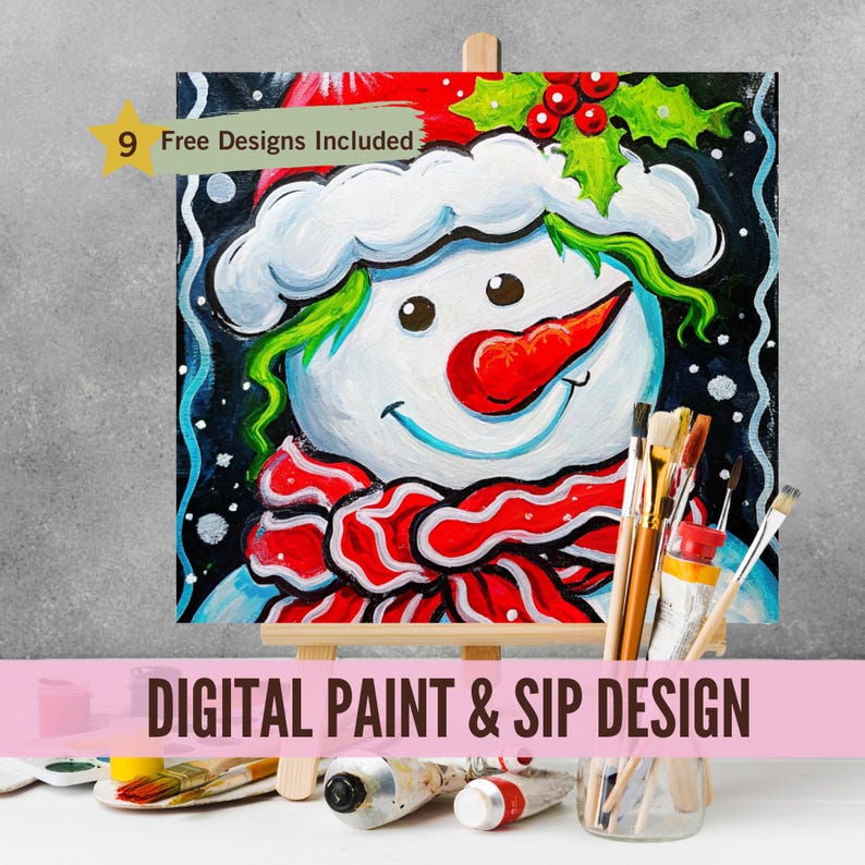 Holiday Snowman Sip and Paint Party Kit Canvas, Pre Drawn Template for ...