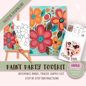 May include: A digital download paint party toolkit featuring a floral painting with a turquoise background, a black and white line art tracer, and a supply list. The toolkit also includes step-by-step instructions and a bonus section on how to transfer images.