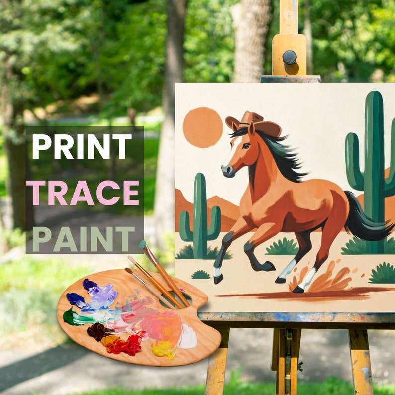 Adult Paint Party Kit, western horse theme, digital download, includes reference image, tracer outline, cowboy horse art, perfect for DIY paint and sip parties, instant download.