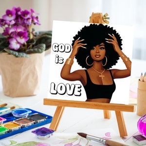 This digital painting kit features a 'God is Love' Afro woman theme with a pre-drawn canvas, perfect for sip and paint parties. Suitable for adults and teens, the DIY art kit includes detailed transfer instructions.
