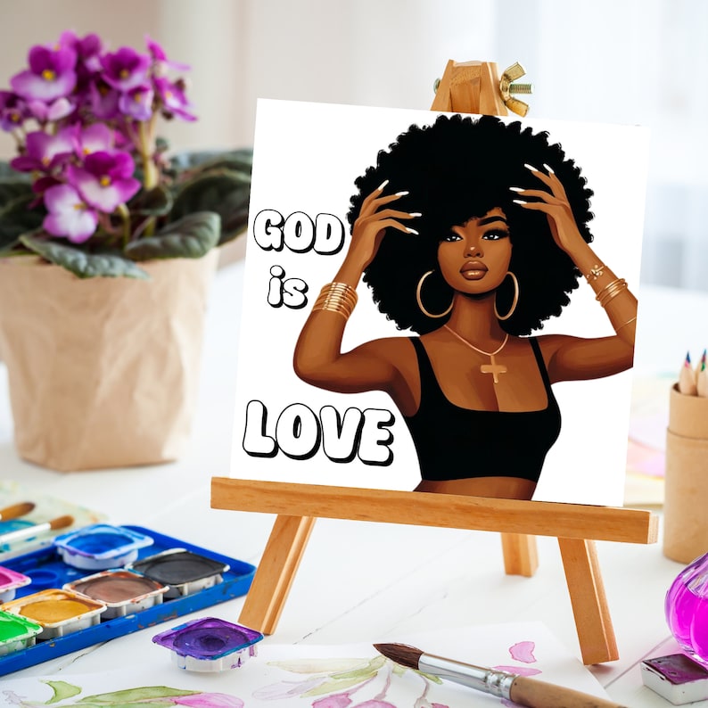 This digital painting kit features a 'God is Love' Afro woman theme with a pre-drawn canvas, perfect for sip and paint parties. Suitable for adults and teens, the DIY art kit includes detailed transfer instructions.