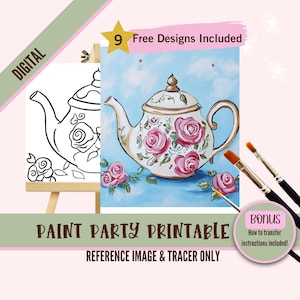 Szablon do malowania kwiatowym czajniczkiem, Vintage Tea Party Sip and Paint, DIY Art Stencil, Rococo Teapot Traceable, Cottagecore Decor Printable