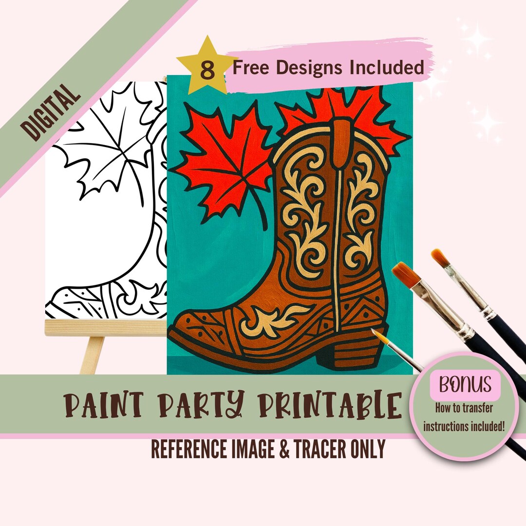 Cowboy Boot With Maple Leaves Paint Party Printable Tracer