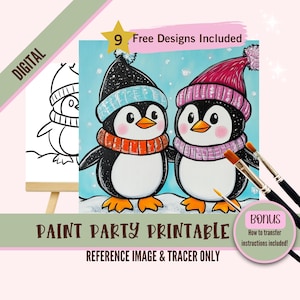 Kit de fiesta de pintura y sorbos de pingüinos de invierno, lienzo, plantilla prediseñada navideña para fiestas de arte de bricolaje, plantilla imprimible, contorno PNG de noche de pintura