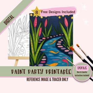 Festa de pintura de peixes de lagoa serena para imprimir - Imagem de referência e traçador de jardim aquático com vaga-lumes - Pintura e bebida de almofada de nenúfar Koi - Download digital