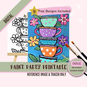 Tazas de té apiladas Sip and Paint Party Kit Canvas, Plantilla predibujada para fiestas de arte DIY, Plantilla imprimible, Esquema png de la noche de pintura, Digital
