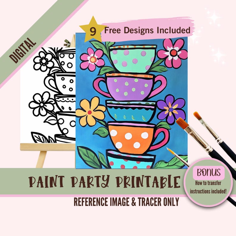 Stacked Teacups Sip and Paint Party Kit Canvas, Pre Drawn Template for ...