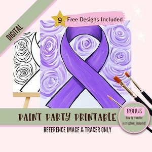 Purple Awareness Ribbon Sip and Paint Downloadable Stencil Art, DIY Acrylic Painting Party Image Transfers, Paint Night Canvas PNG Download