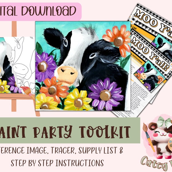 Diy Paint Party | Adult Painting | Pre-Drawn  | Cow Paint Kit | Art Party Paint Kit | Sip And Paint | Digital Download File