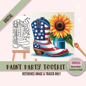 Bota de vaquero patriótico y kit de herramientas de fiesta de pintura digital de girasol para adultos / kit de pintura y sorbo diy / plantilla de pintura de arte de vaquera americana