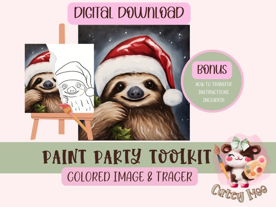 Christmas Diy Paint Party, Adult Painting, Winter Paint Kit, Art Party Paint Kit, Sip & Paint, Digital Download File, PNG Outline, Sloth