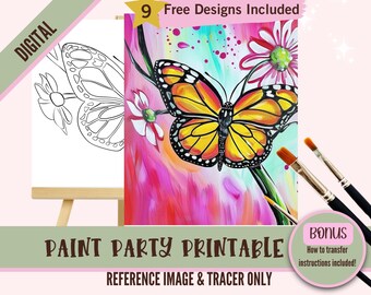 Butterfly Sip and Paint Downloadable Stencil Art, SummerDIY Acrylic Painting Party Image Transfers, Paint Night Canvas Digital Download