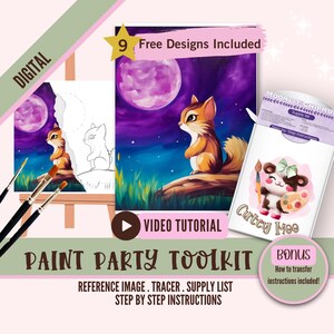 May include: Digital paint party toolkit featuring a cute cartoon chipmunk looking up at a full moon. The kit includes a reference image, tracer, supply list, step-by-step instructions, and a video tutorial.  "Moonlit Chipmunk" and "Cutey Moo" are written on the images.