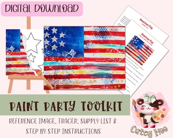 Diy Paint Party | Adult Painting | Pre-Drawn | Kid'S Activity | American Flag | Art Party Paint Kit | Sip And Paint | Digital Download File