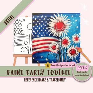 Kit de peinture fleurs drapeau américain du 4 juillet - peinture fête patriotique imprimable, toile prédessinée pour siroter et peindre, kit artistique DIY, numérique