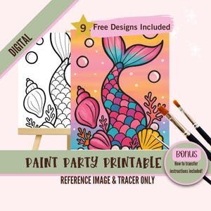 May include: A digital printable paint party design featuring a mermaid tail with pink, blue, and purple scales. The design includes seashells, coral, and bubbles. The image includes a black and white outline for tracing.