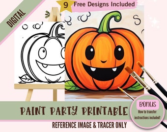 May include: A digital printable paint party design featuring a cute cartoon pumpkin with a big smile. The design includes a black and white outline and a colored version for reference. The text "9 Free Designs Included" and "PAINT PARTY PRINTABLE" is also included in the image.