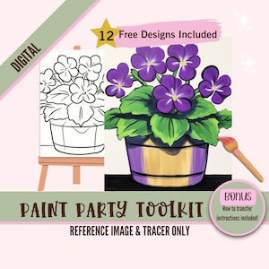 African Violets Painting Party Printable, PNG Tracer - Digital DIY Art, Pre-Drawn Canvas Stencil, Idealny na imprezy Paint and Sip, Fioletowy