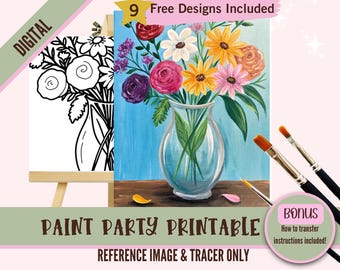 DIY Floral Painting Template, Flower Painting Traceable, Acrylic Painting Stencil, Art Printable for Beginners, Paint Party Digital Download