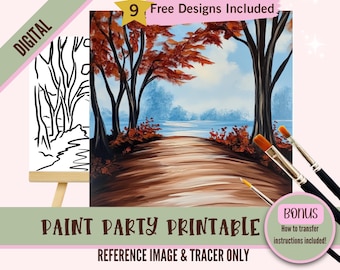 Kit de fiesta de pintura y sorbos de paisajes, plantilla prediseñada para fiestas de arte de bricolaje, plantilla imprimible, contorno PNG de noche de pintura, digital