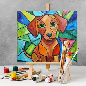 Digital Paint Party Toolkit featuring a stained glass dog design. Includes pre-drawn canvas tracer for easy paint and sip events. Perfect for adult craft parties, DIY art projects, and painting enthusiasts looking for a fun and creative activity.