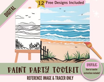 May include: Digital paint party toolkit with a beach scene. The toolkit includes a black and white line drawing of the scene and a color reference image. The text "12 Free Designs Included" and "Bonus: How to transfer instructions included!" is also visible.