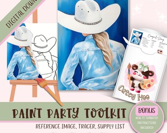 Adult DIY Paint Party Printable, Pre Drawn Outline Canvas, Ladies Night Out Party, Western Cowgirl Birthday Hat & Boots, Paint Party Tracers