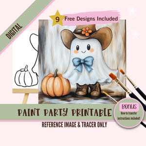 Kit de fiesta de pintura y sorbos de fantasmas de vaquera, plantilla prediseñada de Halloween para fiestas de arte de bricolaje, plantilla imprimible, contorno PNG de noche de pintura