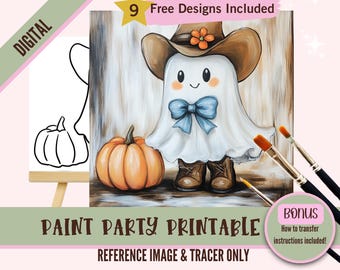 Cowgirl Ghost Sip and Paint Party Kit Canvas, Halloween Pre drawn Template for DIY Art Parties, Printable Stencil, Paint Night Png Outline