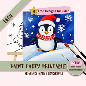 Winterpinguïn Sip and Paint Party Kit Canvas, voorgetekende sjabloon voor doe-het-zelfkunstfeesten, afdrukbare stencil, Paint Night png-overzicht, digitaal