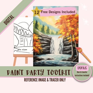 Könnte beinhalten: Digitales Malparty-Toolkit mit einem Referenzbild eines Wasserfalls in einem Wald mit Herbstlaub und einem Abpauspapier. 12 kostenlose Designs sind enthalten. Bonus-Anleitungen zum Übertragen des Bildes sind ebenfalls enthalten.