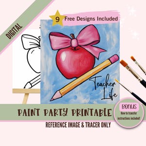 Teacher Life Sip and Paint Party Kit Canvas, plantilla predibujada de regreso a la escuela para fiestas de arte, plantilla imprimible, contorno png de la noche de pintura