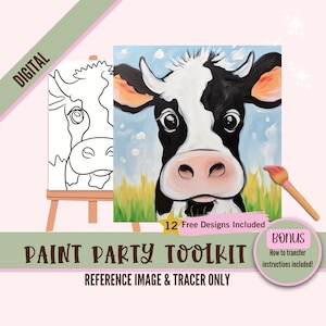 Kit para impressão de festa de pintura de vaca curiosa - conjunto digital de goles e pintura para crianças e adultos - arte em tela DIY com estêncil pré-desenhado, animal de fazenda png