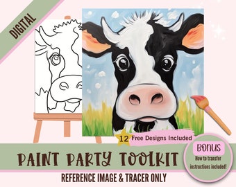 Curious Cow Paint Party Printable Kit - Digital Sip and Paint Set for Kids & Adults - DIY Canvas Art with Pre-drawn Stencil, Farm Animal Png