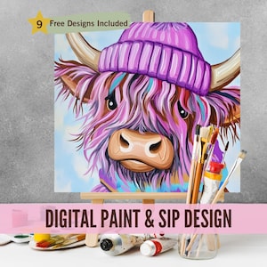 May include: Digital paint and sip design featuring a Highland cow with pink fur wearing a purple hat and a blue scarf. The design is on a canvas on an easel with paintbrushes and paint tubes in the foreground.