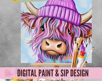 Cute Highland Cow Sip and Paint Downloadable Stencil Art, DIY Acrylic Painting Party Image Transfers, Paint Night Canvas Digital Download