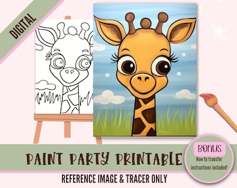 Lienzo predibujado para fiesta de arte infantil / Kit de pintura diy / PNG / Descarga instantánea / Diy Sip N Paint Tracer / Linda jirafa Chibi